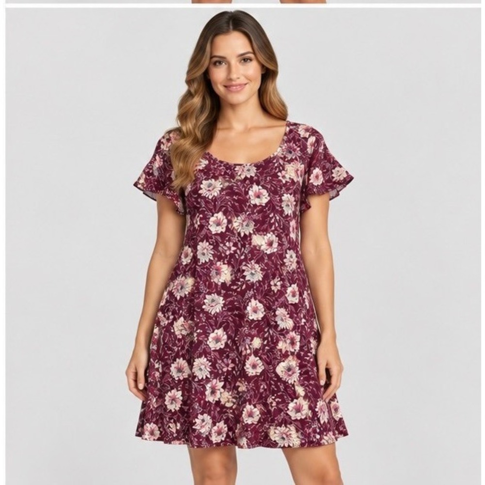Nine Britton Women Medium Burgundy Floral Short Sleeve Pocket T-Shirt Mini Dress